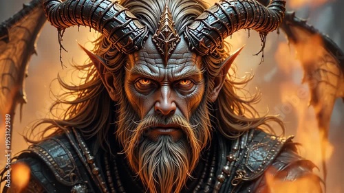 Powerful demon lord with large curved horns, glowing orange eyes, and long hair wearing ornate dark armor with leathery wings in a fiery hellscape setting