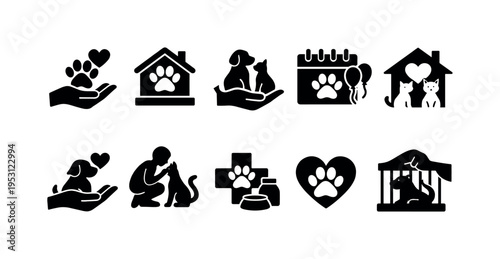 Collection of black animal care and adoption icons on a white background