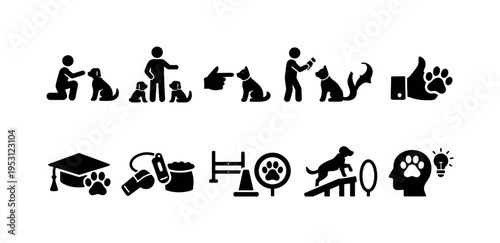 Collection of dog training and obedience icons representing various commands and activities