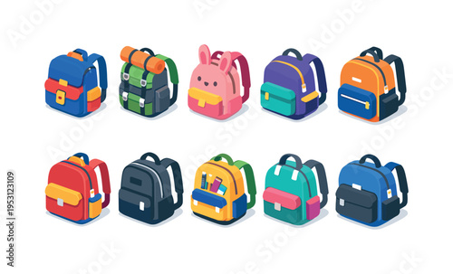 Collection of colorful isometric backpacks for school, travel, and outdoor adventures