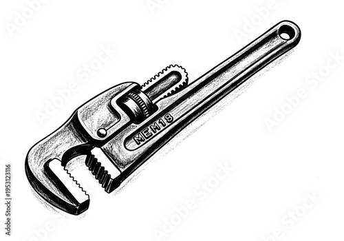 Detailed illustration of a vintage pipe wrench with "MEM18" inscribed on its handle