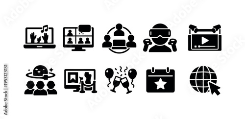 Collection of modern icons representing virtual reality, online meetings, and events