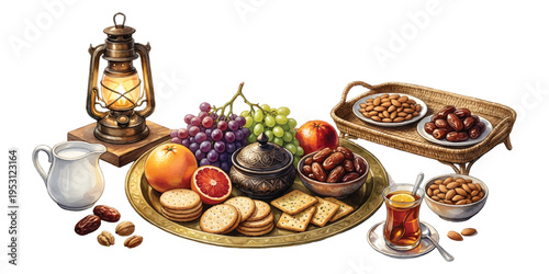 Watercolor ramadan iftar table setting with lantern dates nuts crackers grapes citrus and tea isolated on transparent background