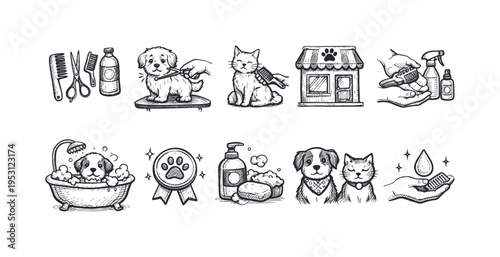 Collection of hand-drawn icons depicting pet grooming services and care routines