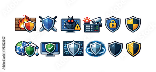 Collection of pixel art icons representing cybersecurity and digital protection concepts