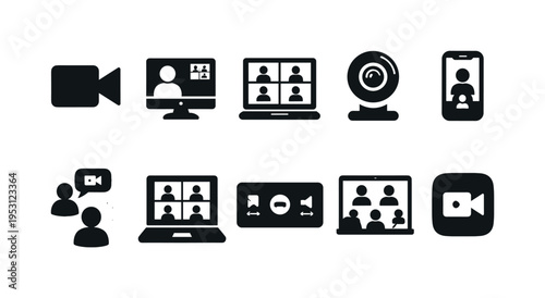 Collection of video conferencing and communication icons on a white background
