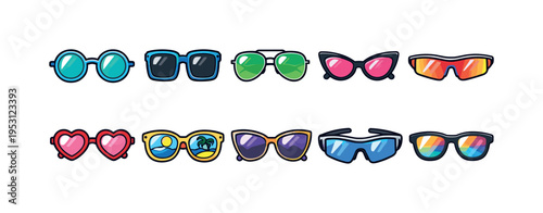 Collection of diverse and colorful sunglasses for summer fashion and eye protection