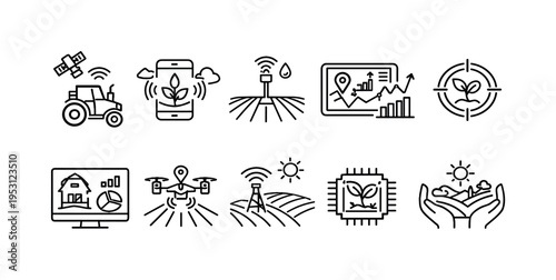 Smart farming technology icons representing modern agriculture and data analysis