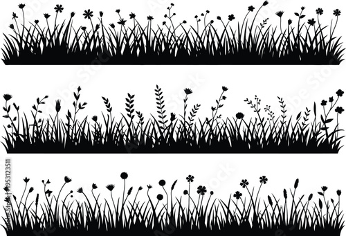 Three Horizontal Silhouettes of Grassy Fields with Wildflowers nature