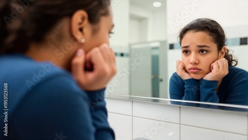 Sad teenage girl leaning on hands looking in bathroom mirror. Bored or depressed student in school restroom. Adolescent mental health