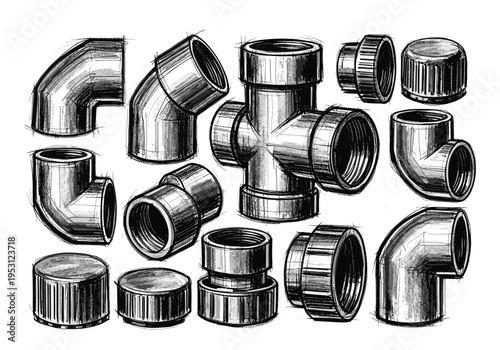 Collection of plumbing pipe fittings and connectors in a sketch art style