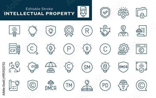 Intellectual property line icon set. Copyright, law, trademark, registered, service mark, invention, patent, public domain, DMCA, protection and more. Outline icon in linear style. Vector collection.	