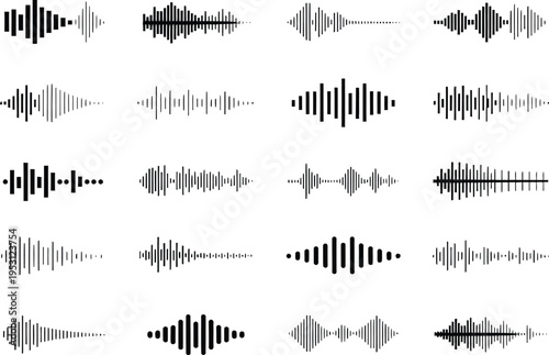 Collection of twenty black and white sound wave graphics on a white background audio wave waveform