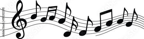 Black musical notes and treble clef on a white background with wavy staff lines musical notation