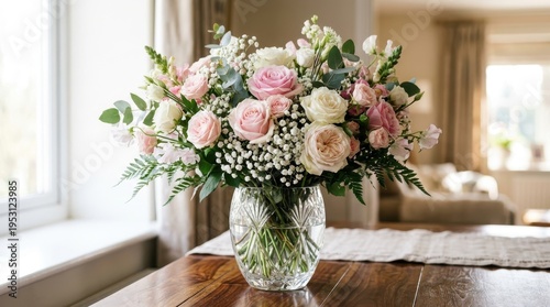 Elegant floral arrangement with pink and white roses in glass vase