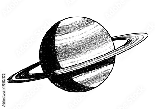Hand-drawn illustration of planet Saturn with its iconic rings in a sketchy black and white style