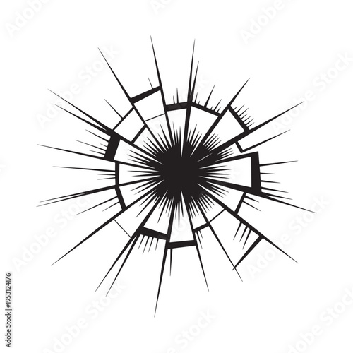Black and white radial burst illustration resembling a fractured or broken surface