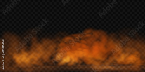 Abstract orange smoke effect with floating sparks creates dramatic fire atmosphere, ideal for overlay compositions with mysterious fog and burning ember elements.