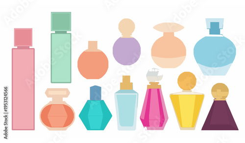 Colorful women perfume bottle set with different shapes cosmetic vector illustration isolated on white