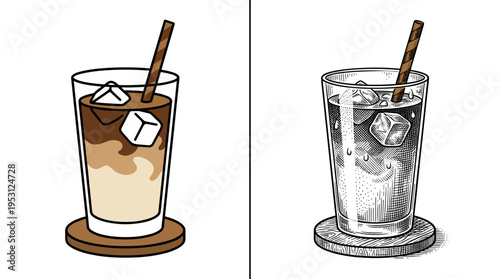 Chilled iced latte coffee in a glass with ice cubes and straw for caffeine boost and morning refreshment