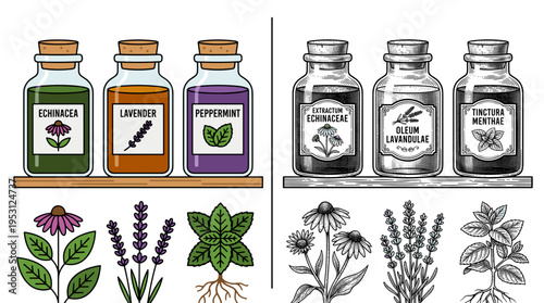 Collection of apothecary jars with herbal extracts and dried plants for natural medicine and homeopathy concept