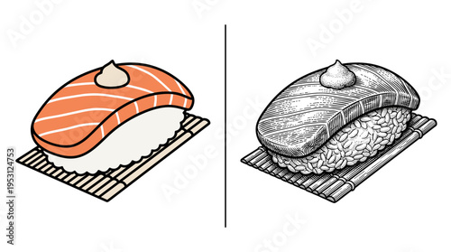 Salmon sushi nigiri with wasabi on bamboo mat, traditional Japanese cuisine for seafood restaurant menu