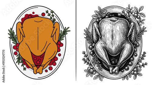 Whole roasted turkey with cranberry garnish for Thanksgiving celebration and traditional holiday dinner concept