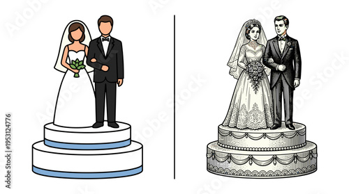 Stylized wedding cake topper figurines of bride and groom on a cake for marriage ceremony and romantic love concept