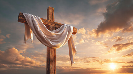 Wooden Christian Cross with White Cloth at Sunrise as Symbol of Resurrection