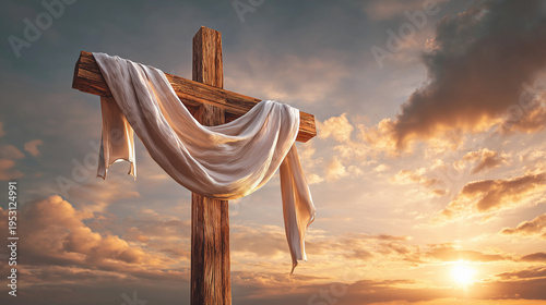 Wooden Christian Cross with White Cloth at Sunrise as Symbol of Resurrection