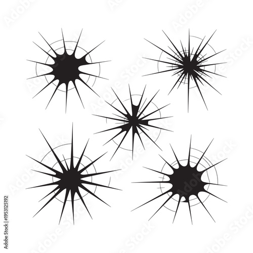Five black starburst shapes on a white background resembling cracked glass