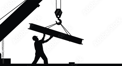 Vector silhouette of construction worker lifting beam with crane