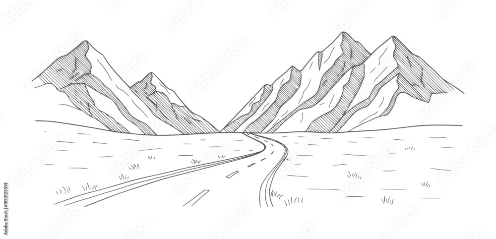Fototapeta premium Winding road through a valley with jagged mountains in a style landscape nature