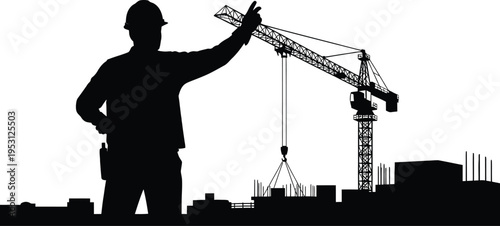Construction worker vector silhouette a black construction site worker with crane