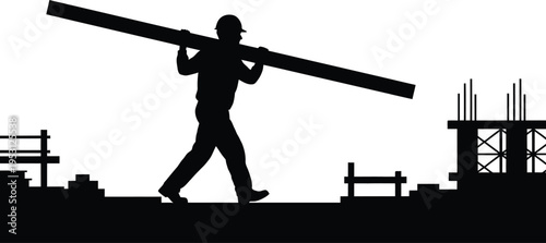 Construction worker vector silhouette carrying beam on building site