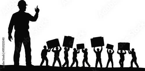 Vector silhouette of construction worker leading team in black