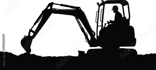 Vector silhouette of construction worker operating excavator machine