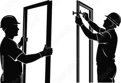 Vector silhouette of construction workers installing door frames