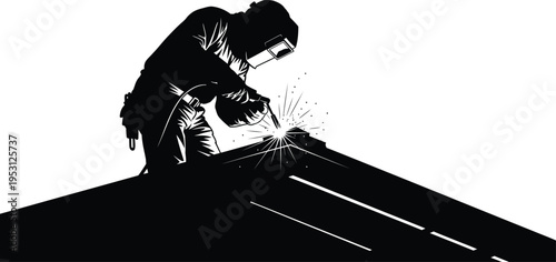 Vector silhouette of a construction worker on a roof