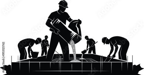 Vector silhouette of construction worker pouring cement on building site