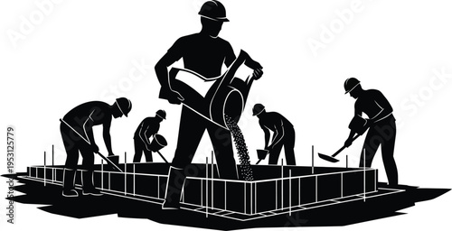 Vector silhouette of construction workers at building site