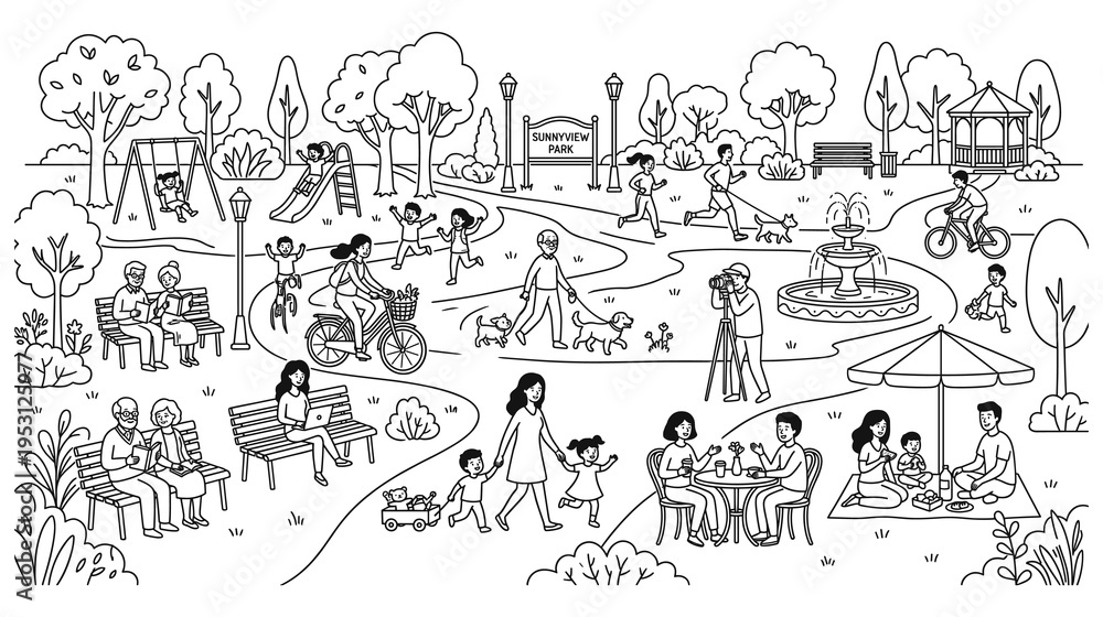 Fototapeta premium Black and white outline drawing of people in sunny city park