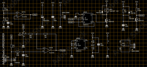 Schematic diagram of electronic device on sheet 
of paper with grid. Vector drawing electrical 
circuit with resistor, operational amplifier, connector, 
capacitor, relay, transistor, trigger chip.