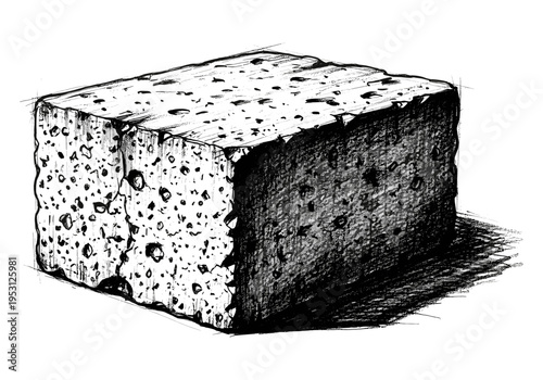 Hand-drawn sketch of a porous concrete block with strong shadows and rough texture