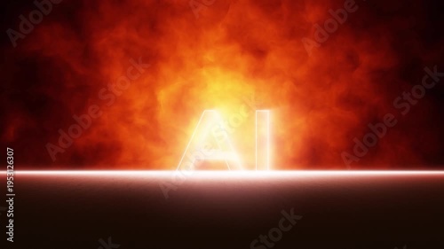 Glowing AI text emerging on fiery background with intense light and smoke, symbolizing danger, disruption and risks of modern technology and artificial intelligence. Seamless looping animation.