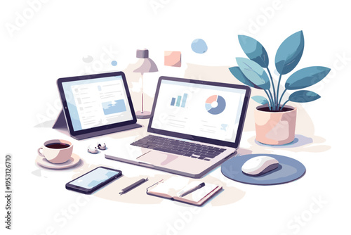 Kawaii multitasking setup simple icon vector image workspace tablet freelancer generation laptop