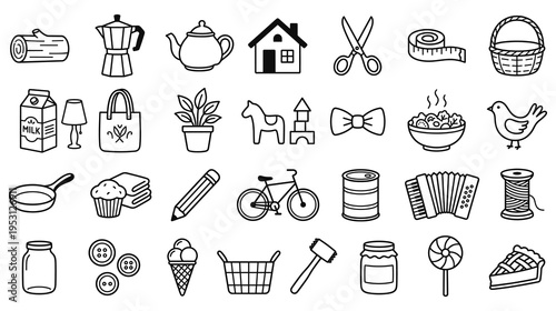 Collection of domestic objects and household items in line art style