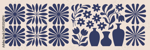 Dark blue floral and vase silhouettes on a light beige background