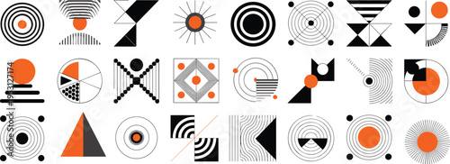 Geometric Abstraction Composition: A striking arrangement of geometric shapes, including circles, triangles, and squares, is enhanced by a vivid palette of black, orange and gray.