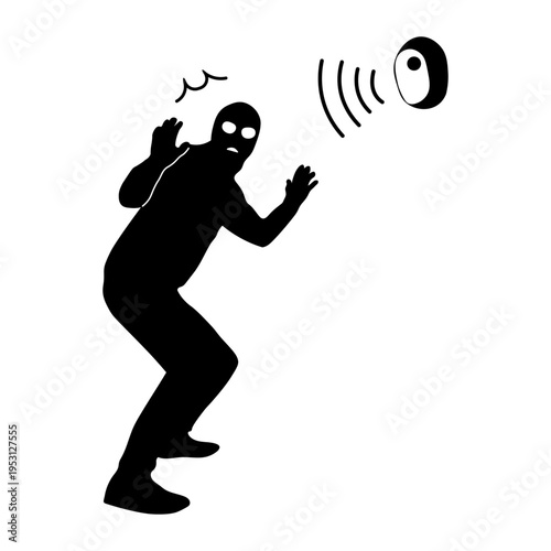 センサーが反応して驚く泥棒のシルエットイラスト